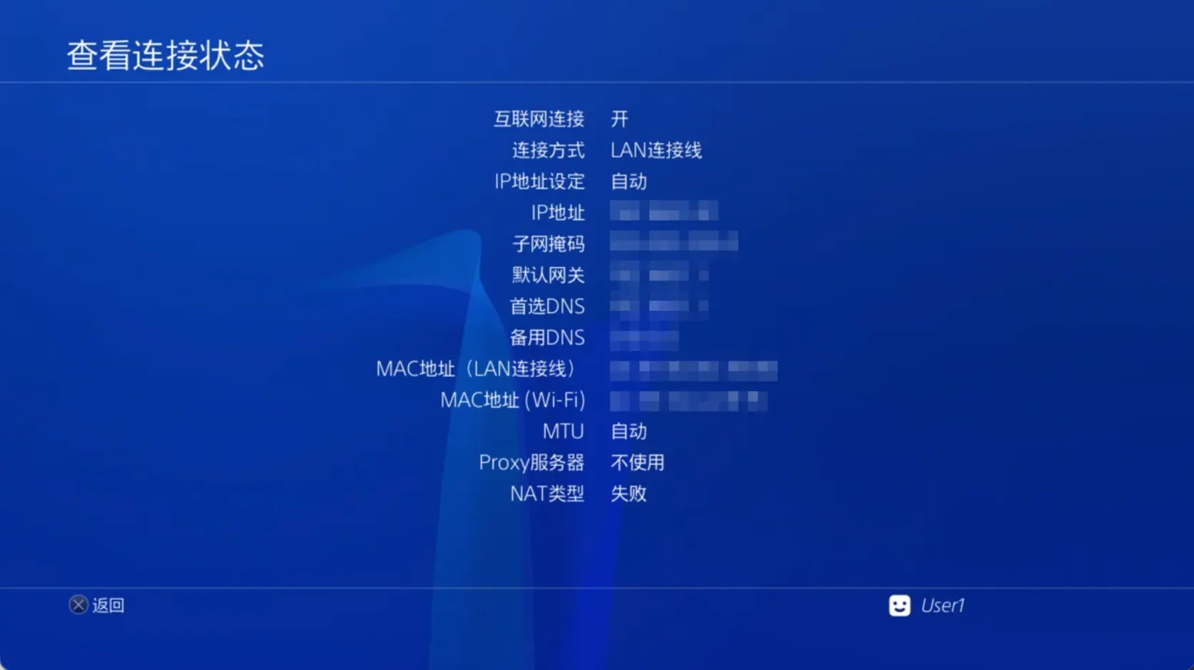 PS4 查看连接状态页面,IP 与 MAC 地址已打码